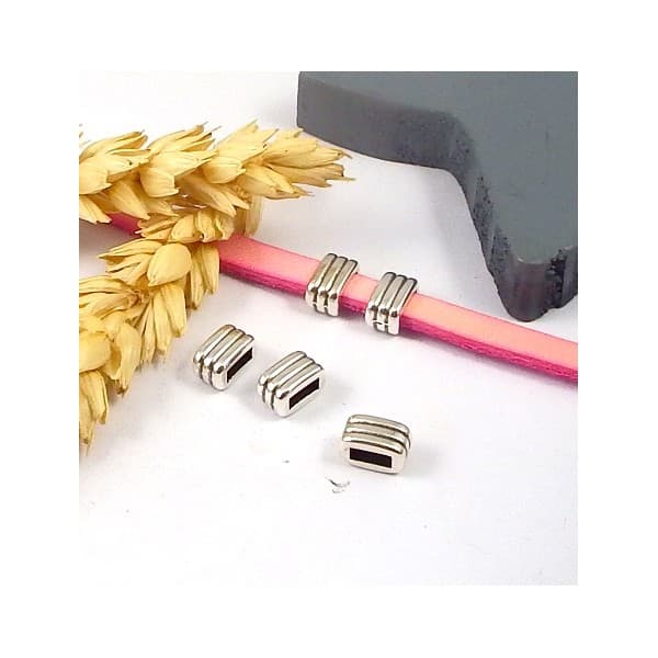 6 passe cuir 3 lignes plaque argent 8x5mm pour cuir plat 5mm