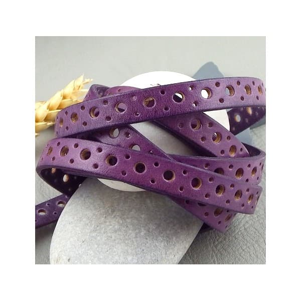 Cordon cuir plat 10mm prune perfore cercles