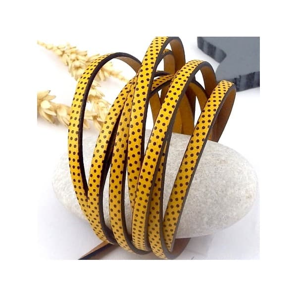 Cuir plat 5mm imprime pois jaune et noir