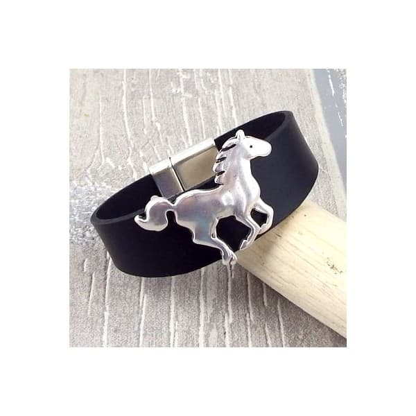 Bracelet cuir noir et cheval argent