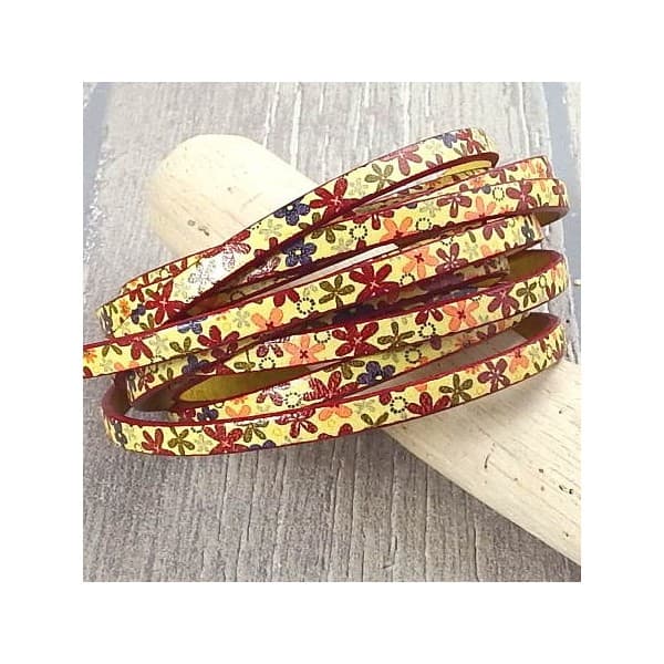 Cuir plat 5mm imprime jaune fleurs haute qualite