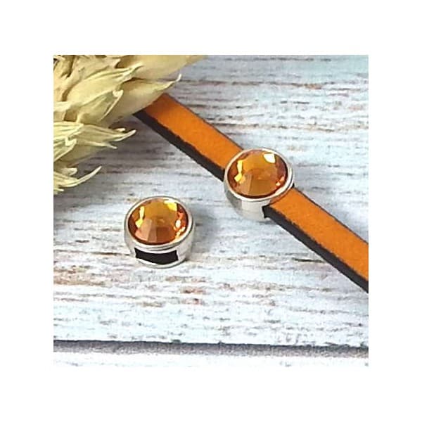 Passe cuir plaque argent et swarovski topaze pour cuir plat 5mm