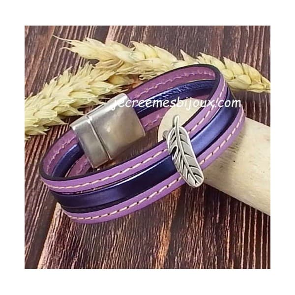 Kit bracelet cuir glycine et mauve plume argent