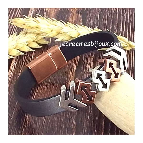 Kit bracelet cuir noir homme argent vieilli et cuivre