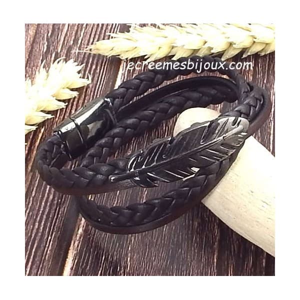 Kit bracelet cuir homme tresse marron et gun metal en double