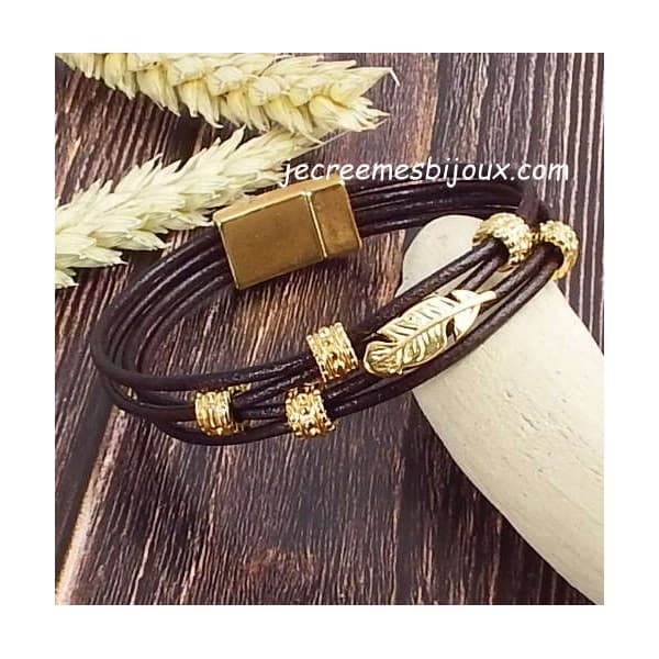 Kit bracelet cuir marron et or 4 cordons fins