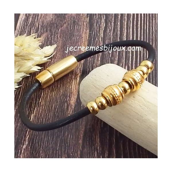 Kit bracelet cuir noir perles et fermoir ethniques or, tutoriel offert