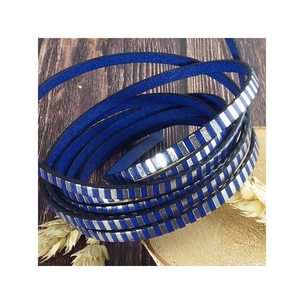 Cuir plat 5mm bleu vif raye argent par 20cm