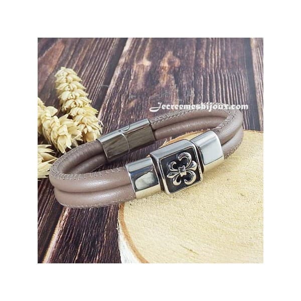 Bracelet cuir italien taupe couture avec passants et fermoir acier inoxydable top tendance