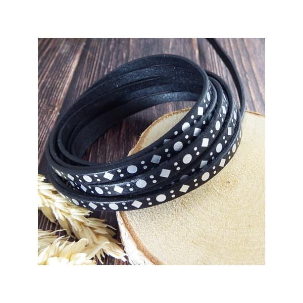 Cuir plat 5mm noir imprime geometrique argent