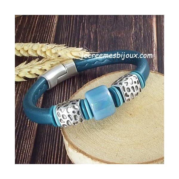 Bracelet cuir regaliz mers du sud turquoise et argent