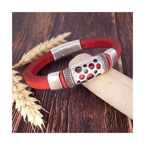 Bracelet cuir Athenia regaliz rouge vintage et argent