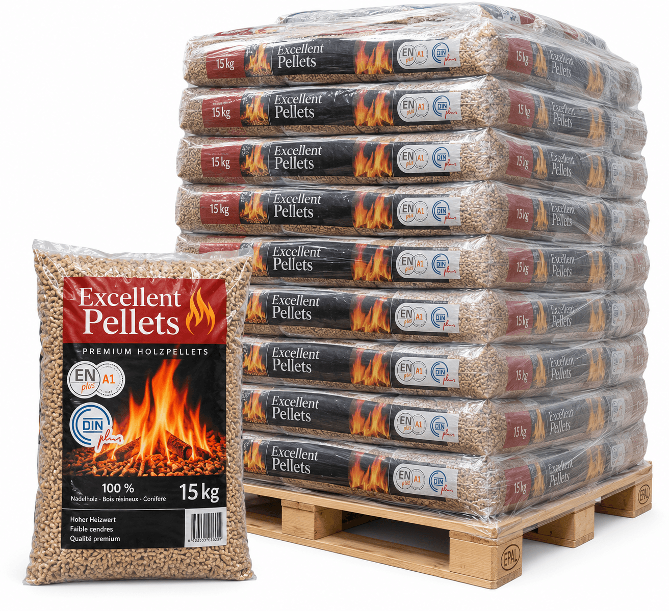 Pellet Excellent Holzpellets – 65 × 15 kg Palette – 100 % Nadelholz, ENplus A1 & DINplus