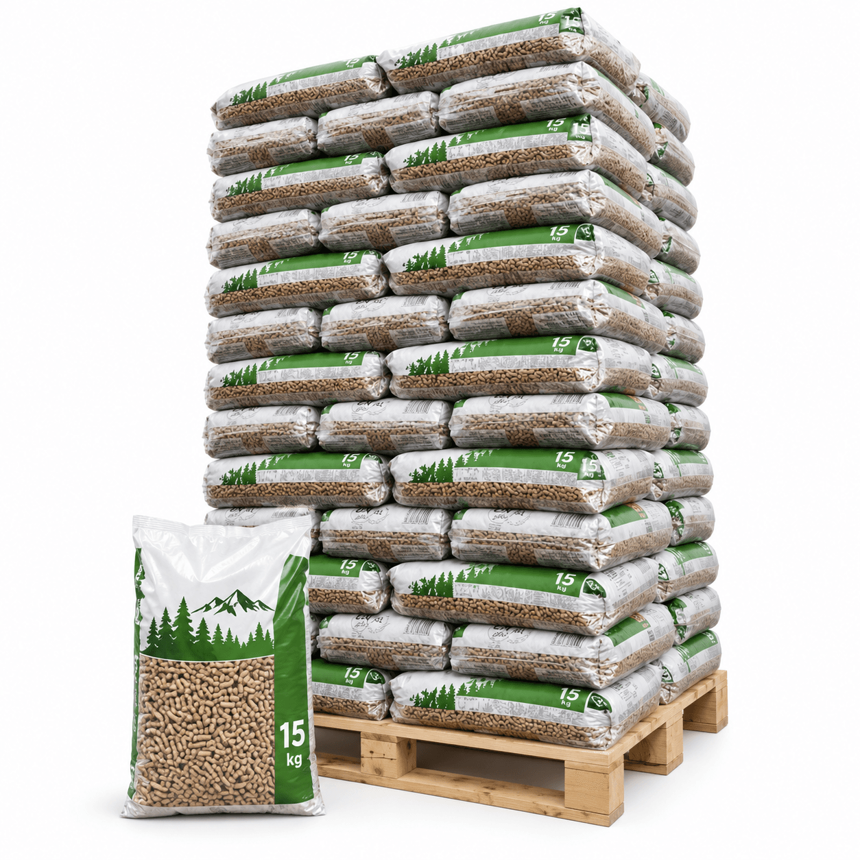 Pyrénées Holzpellets – 65 × 15 kg Palette (975 kg) – 100 % Nadelholz, DINplus