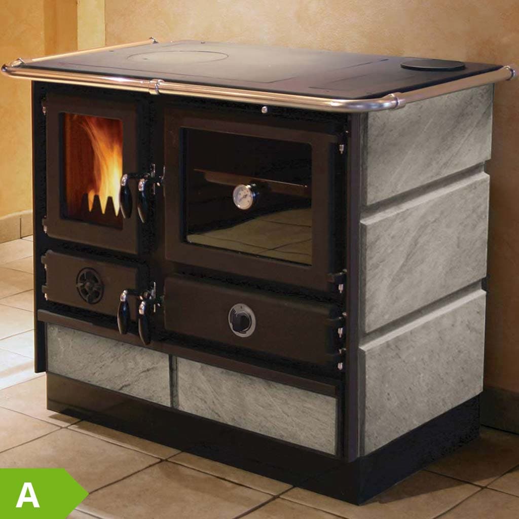 Speckstein Kaminofen wasserführend Martha 14kW - Backröhre & Rohrabgang rechts