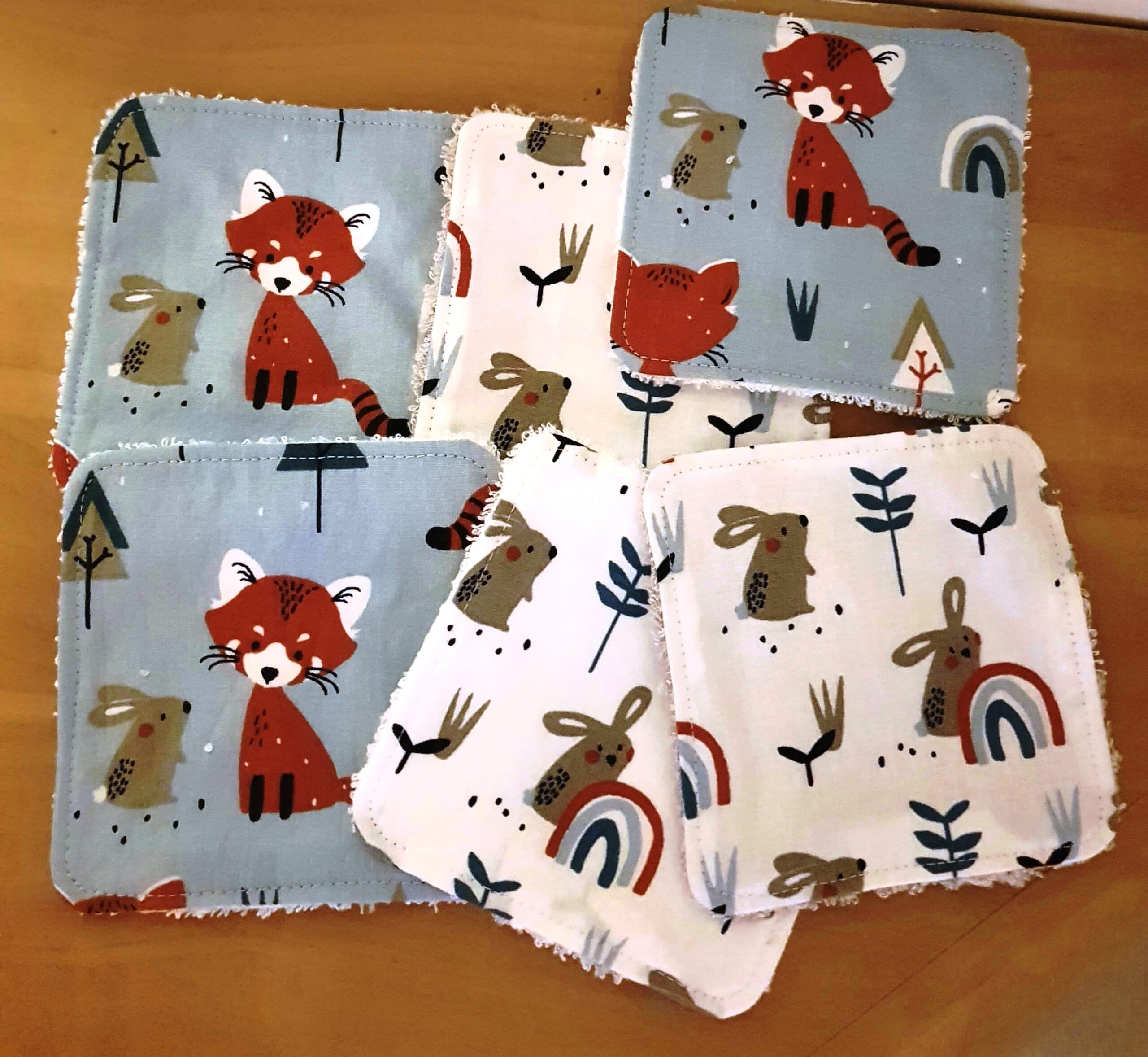 Lots de 6 lingettes enfant en coton oeko tex et éponge de bambou - 100DRINE.BOBINE Renard et lapin gris et blancs