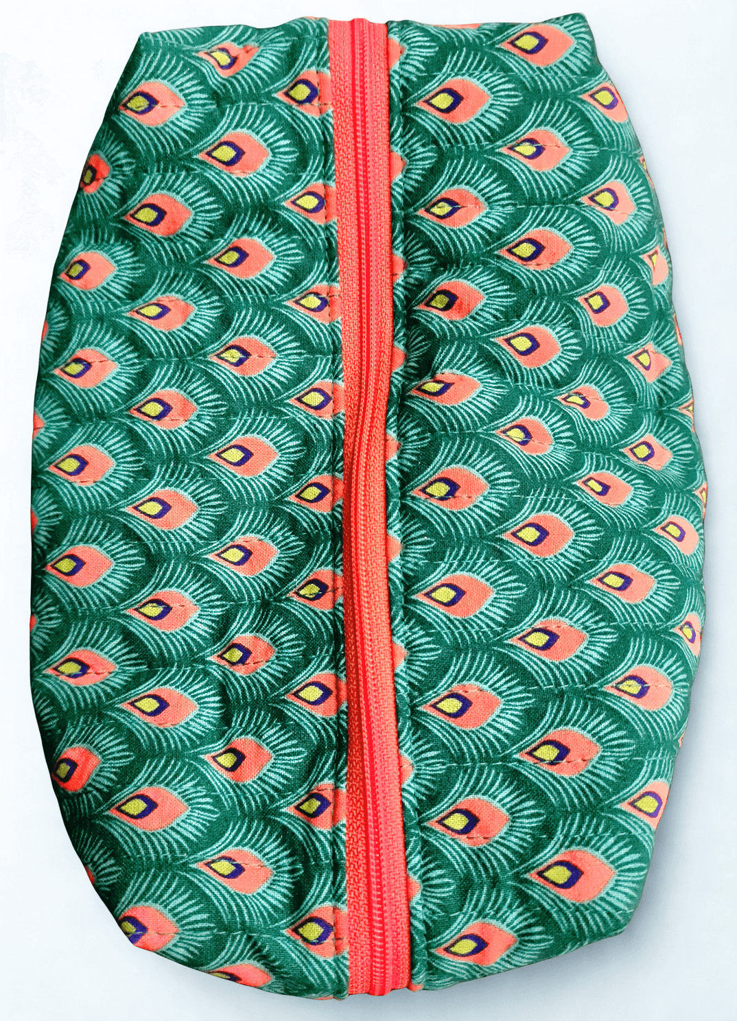 Trousse rectangulaire matelassée - 100DRINE.BOBINE Petit format plumes de paon vertes