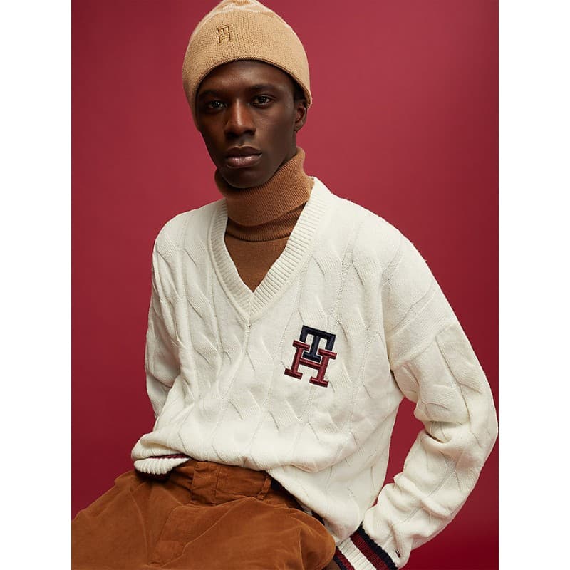 Pull Torsadé Col V Homme Tommy Hilfiger MONOGRAM XCABLE CRICKET XL IVORY