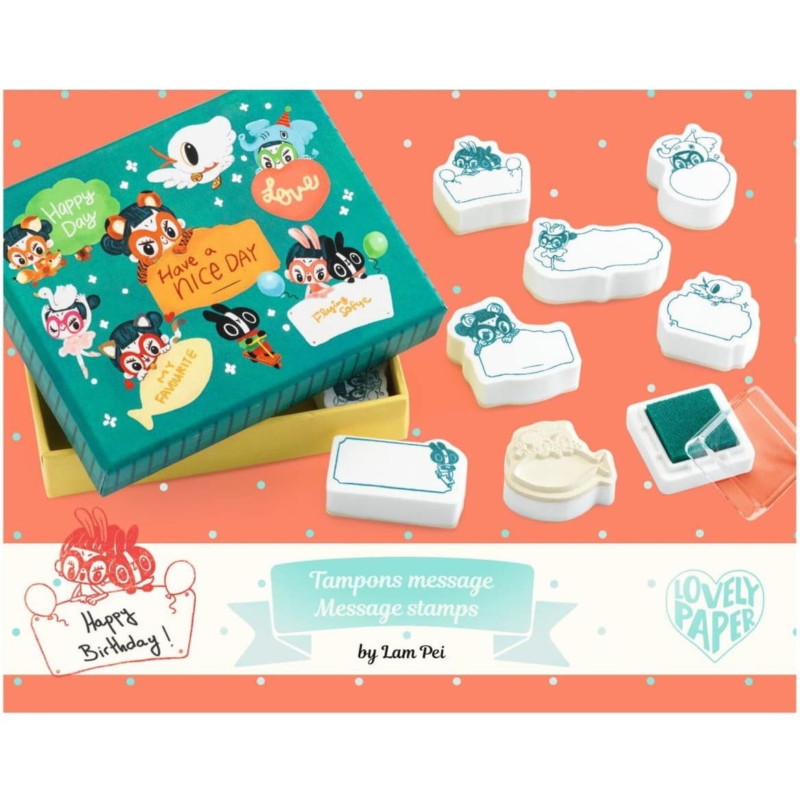 Lovely Paper By Djeco Coffret de 8 tampons à message