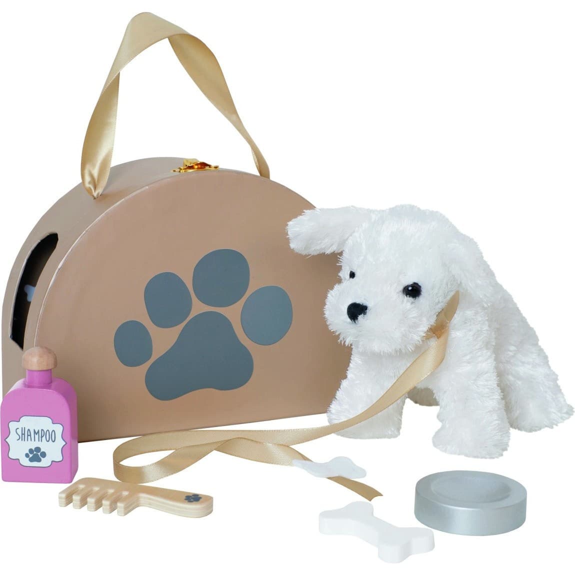 Jabadabado Peluche chien avec sac de transport et accessoires en bois