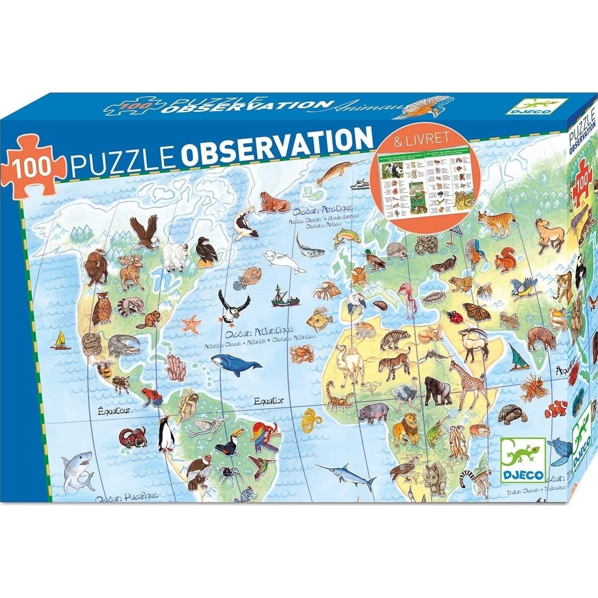 Djeco Puzzle 100 pièces Animaux du Monde et livret explicatif