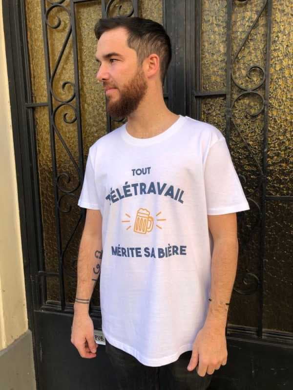 T-shirt homme coton BIO - "Tout télétravail mérite sa bière" M