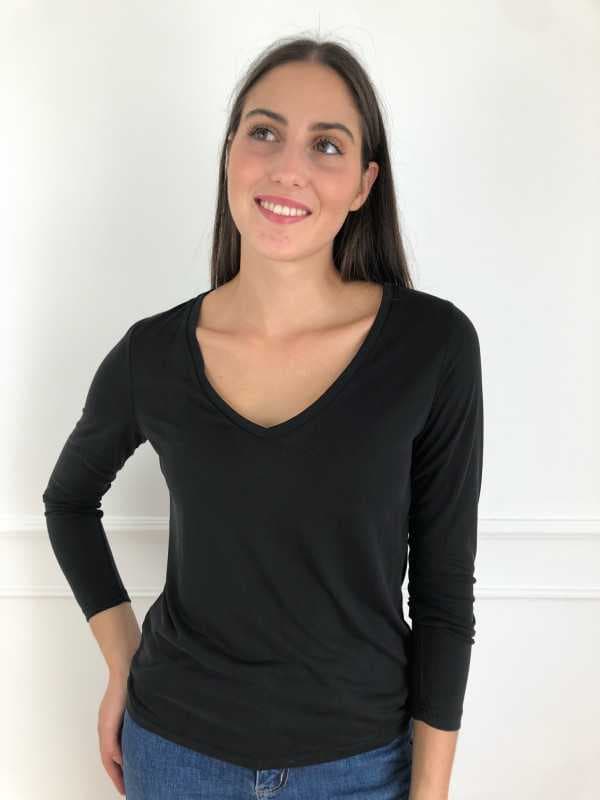T-shirt manches longues noir col V - Giulio L