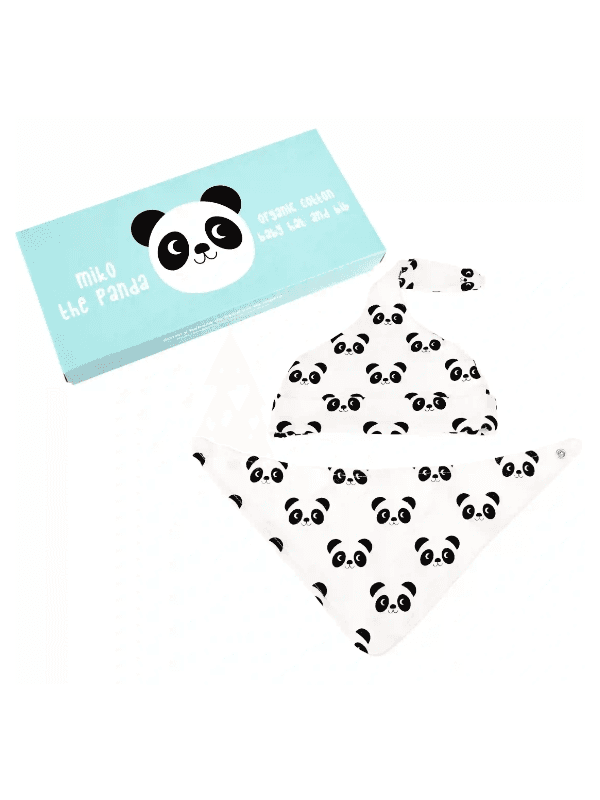 Ensemble bonnet et bavoir bébé en coton bio - Miko le panda