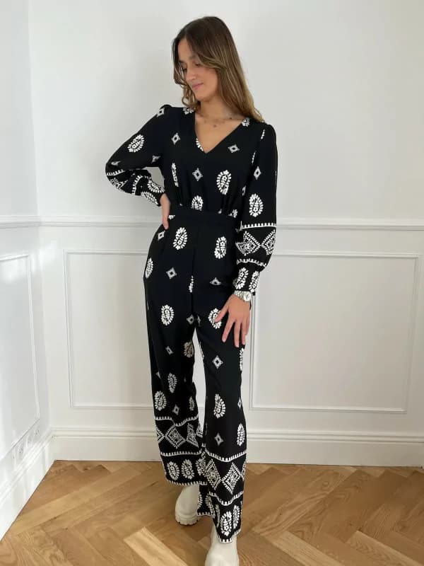 Combinaison pantalon noire à motifs blancs - Ethnique L