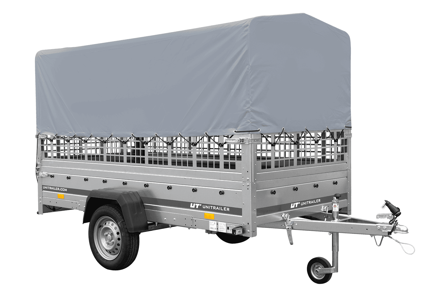 1-Achs-Anhänger GARDEN TRAILER 264 KIPP mit Laubgitteraufsatz, grauer Hochplane, Hochspriegel und Stützrad