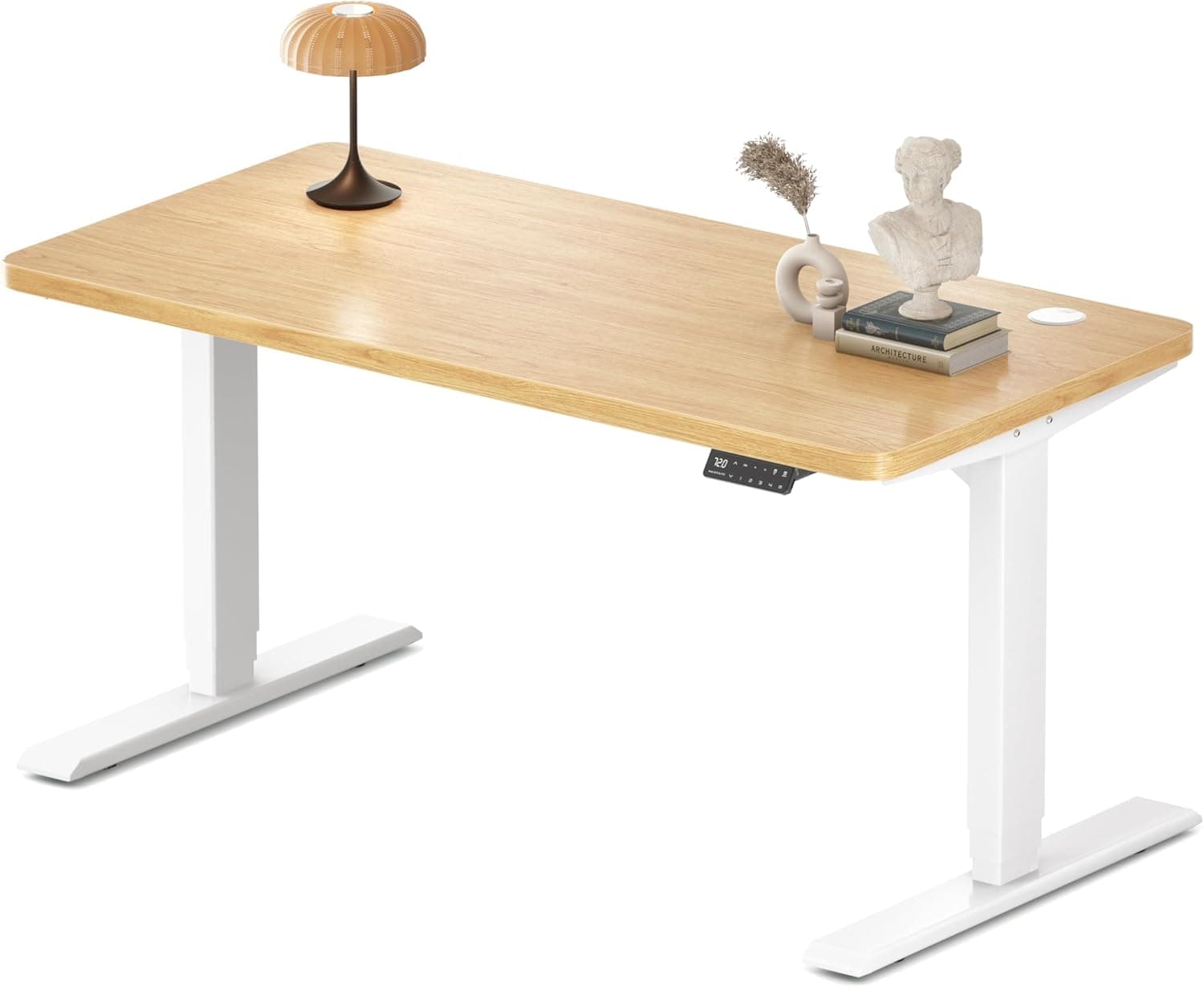 Bureau assis-debout électrique – Premium 160×80 cm, 4 mémoires, anti-collision & port USB - 140 x 70 cm - Cadre de Bureau Blanc + Chêne