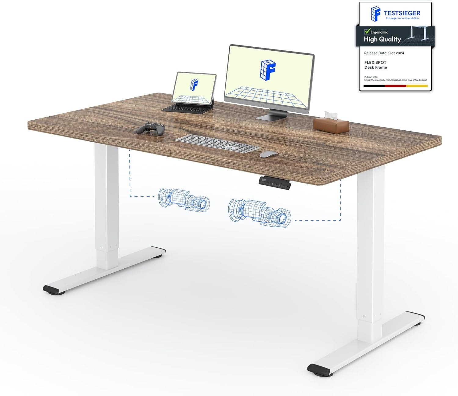 Bureau assis-debout électrique – Puissant 120×80 cm, 2 moteurs, 4 mémoires, charge 100 kg - 140 x 80 cm - Noir+marron