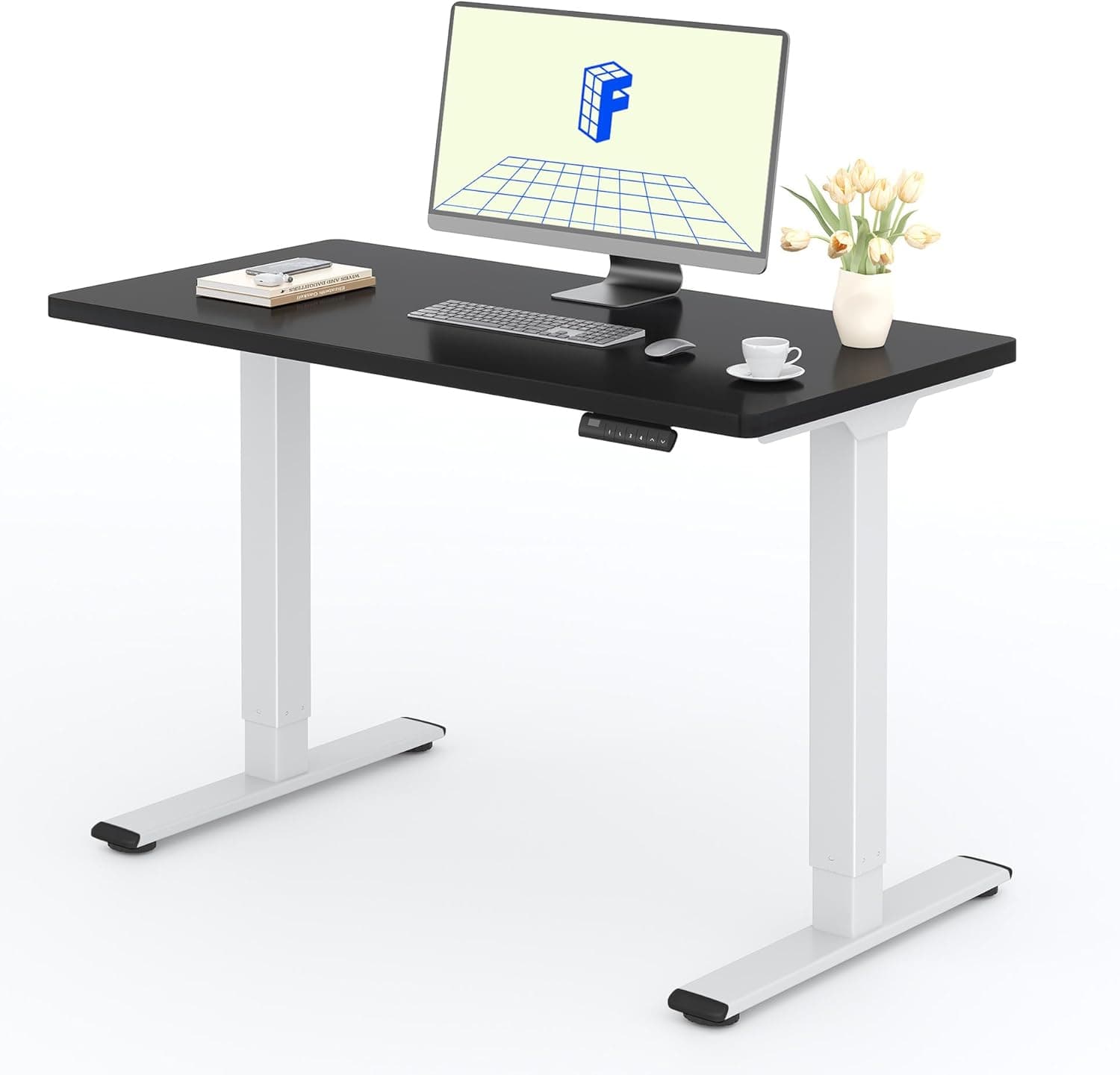 Bureau assis-debout électrique – Puissant 120×80 cm, 2 moteurs, 4 mémoires, charge 100 kg - 120 x 60 cm - Blanc+noir