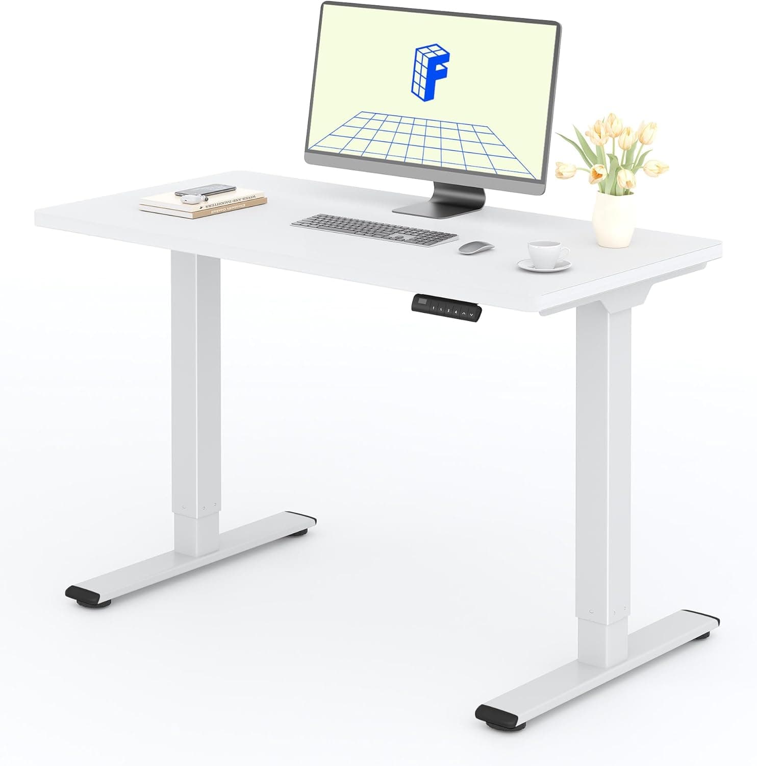 Bureau assis-debout électrique – Puissant 120×80 cm, 2 moteurs, 4 mémoires, charge 100 kg - 120 x 60 cm - Blanc+blanc