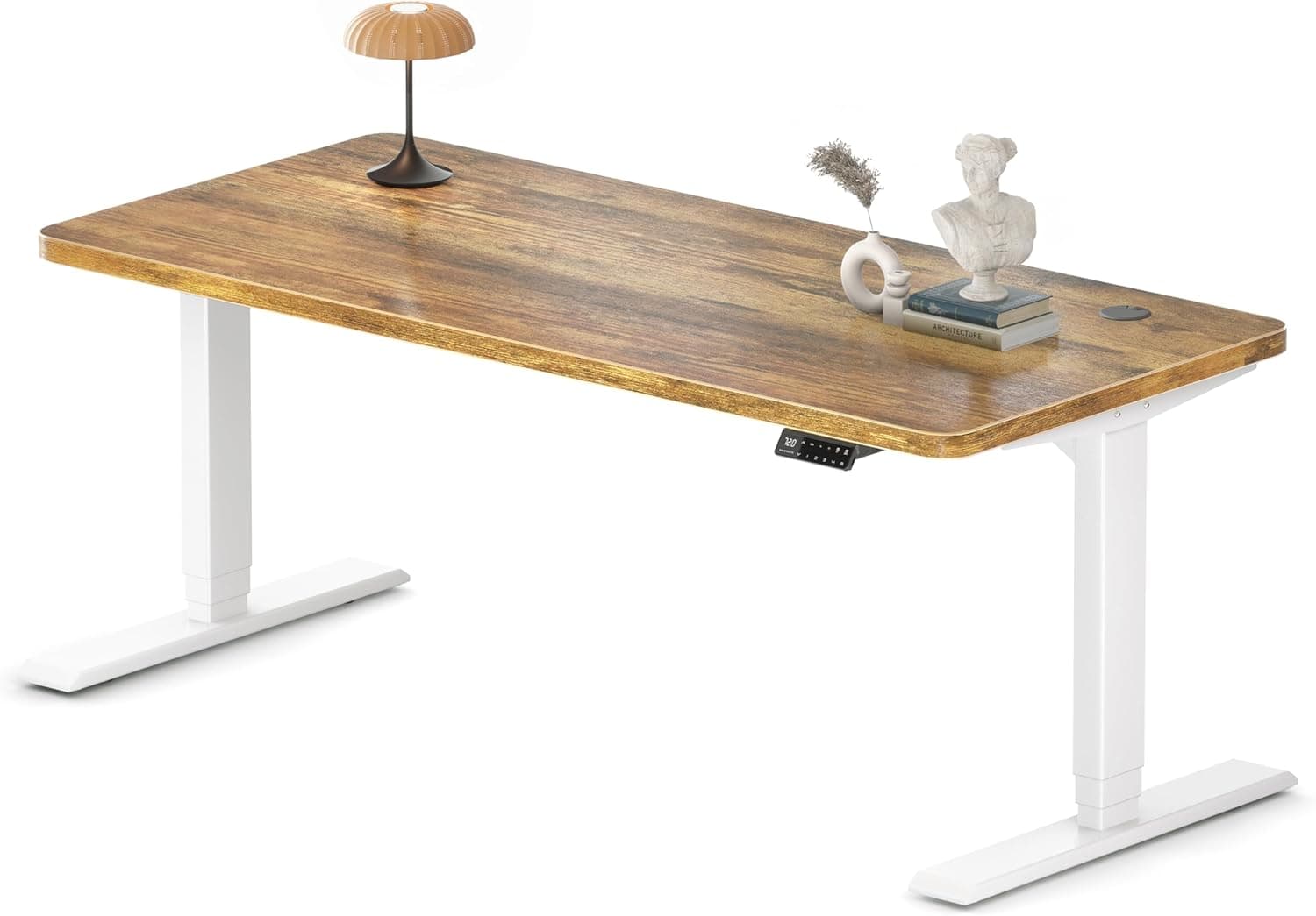 Bureau assis-debout électrique – Premium 160×80 cm, 4 mémoires, anti-collision & port USB - 160 x 80 cm - Structure Blanche + Marron Vintage