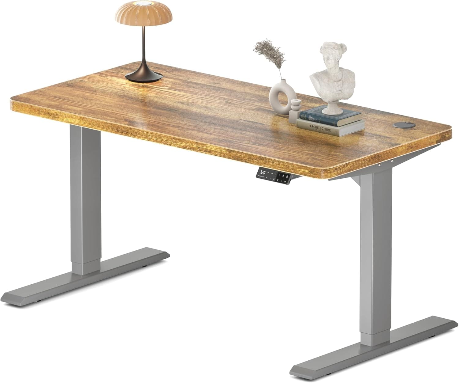 Bureau assis-debout électrique – Premium 160×80 cm, 4 mémoires, anti-collision & port USB - 120 x 60 cm - Cadre Gris + Marron Vintage