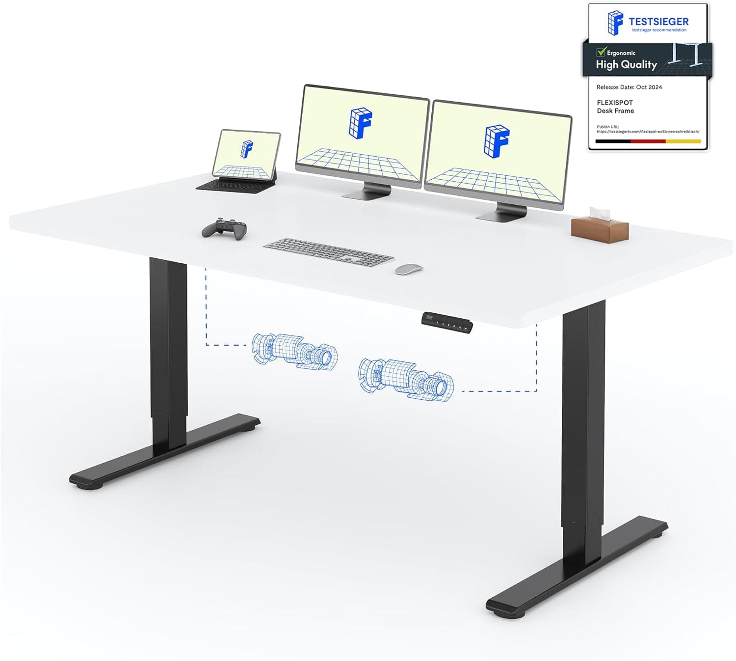 Bureau assis-debout électrique – Puissant 120×80 cm, 2 moteurs, 4 mémoires, charge 100 kg - 180 x 80 cm - Noir+blanc