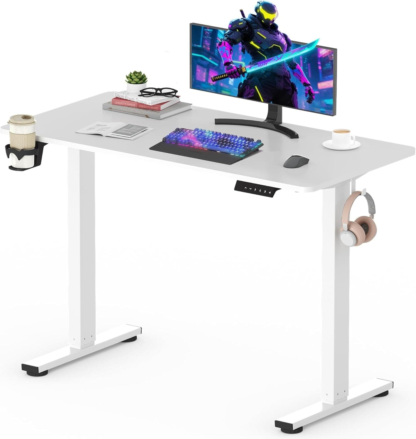 Bureau assis debout électrique – 180×80, 4 pieds, double moteur, 4 mémoires & rappel sédentarité – Confort Pro - 110x54 cm - Blanc