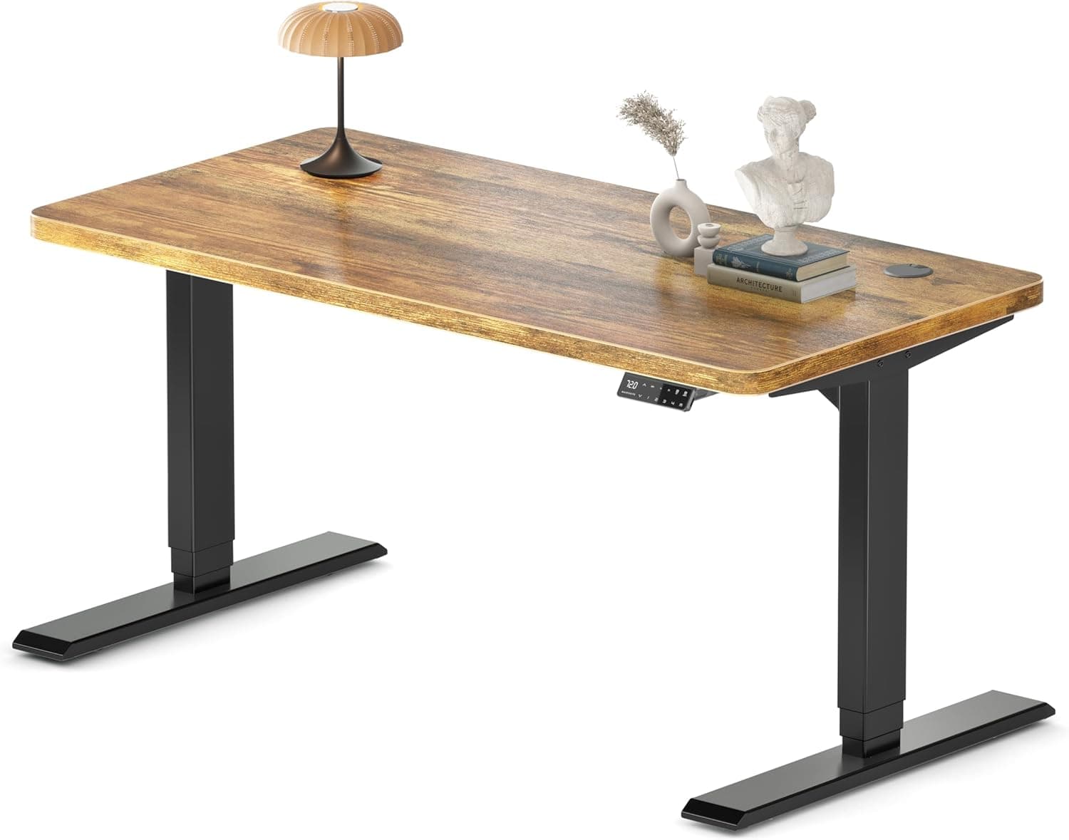 Bureau assis-debout électrique – Premium 160×80 cm, 4 mémoires, anti-collision & port USB - 140 x 70 cm - Cadre Noir + Marron Vintage