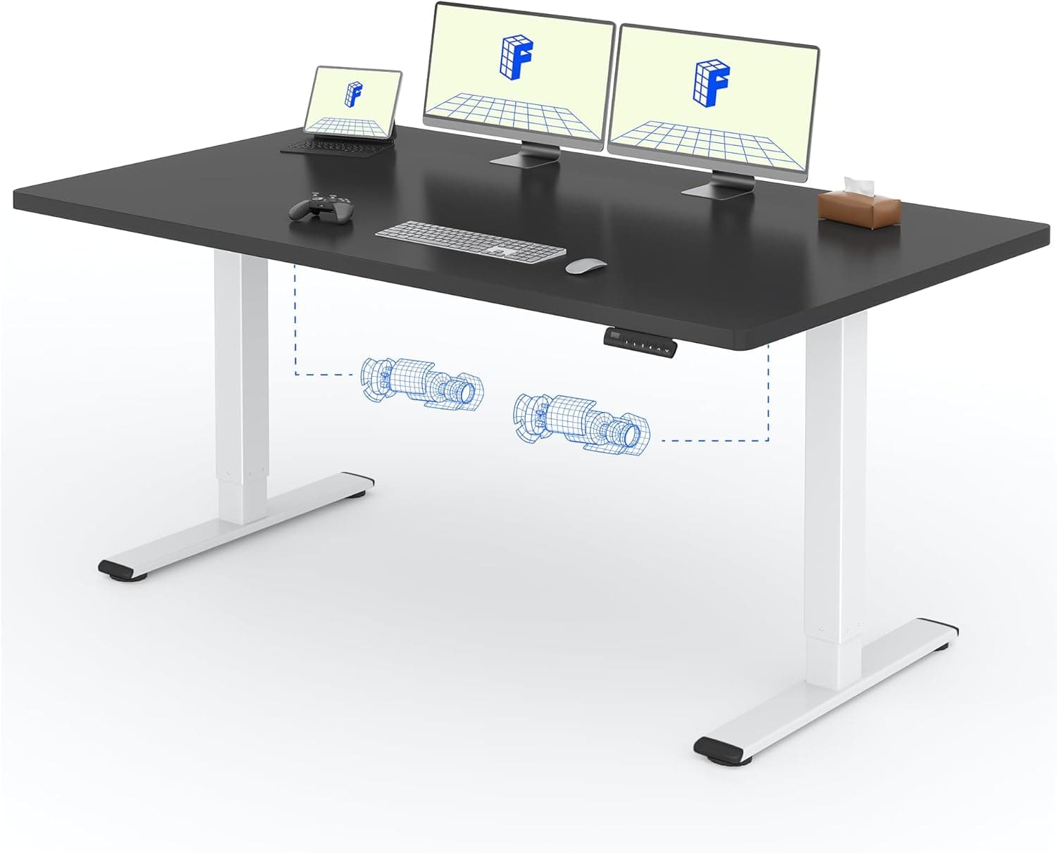 Bureau assis-debout électrique – Puissant 120×80 cm, 2 moteurs, 4 mémoires, charge 100 kg - 180 x 80 cm - Blanc+noir