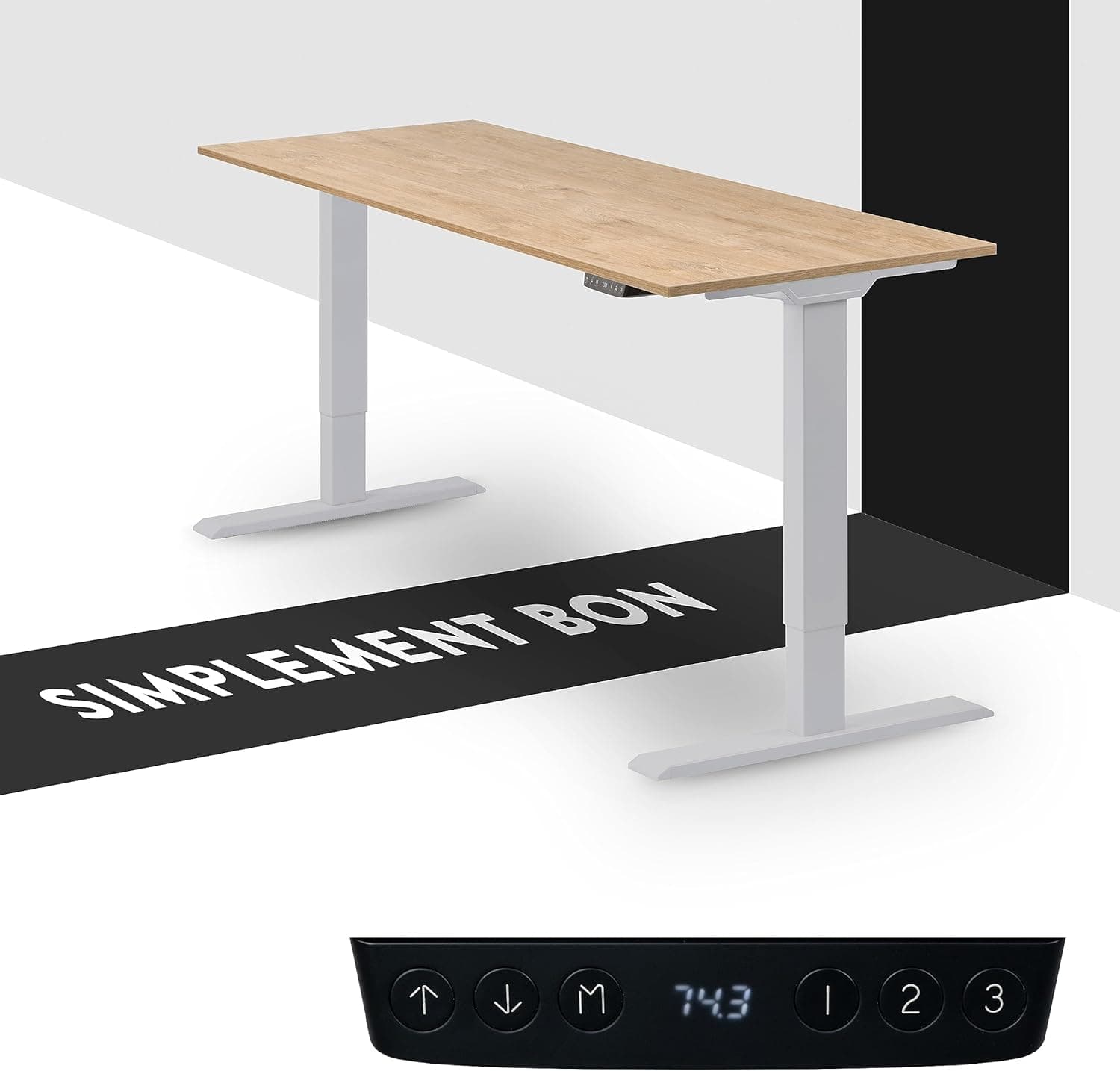 Bureau assis-debout électrique – Premium 160×80 cm, 2 moteurs, 4 mémoires & anti-collision - 110 x 60 x 1,9 cm - Homedesk ECO - Argent + Chêne Sauvage