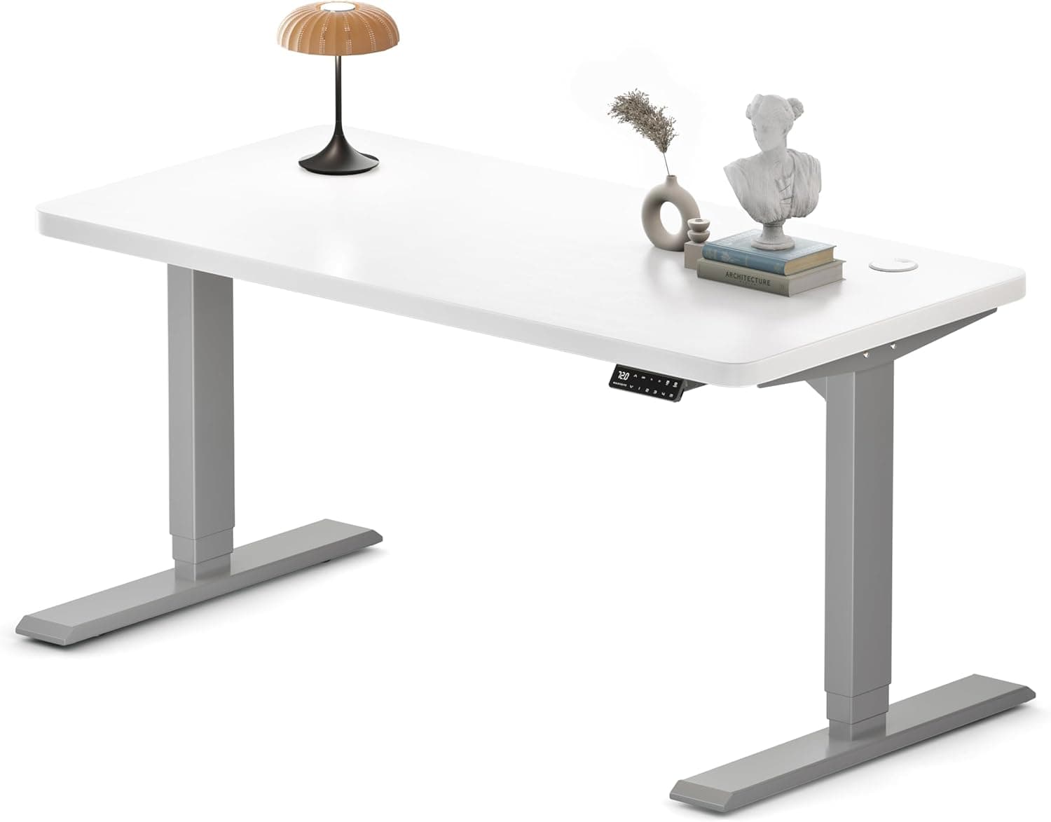 Bureau assis-debout électrique – Premium 160×80 cm, 4 mémoires, anti-collision & port USB - 140 x 70 cm - Cadre Gris + Blanc