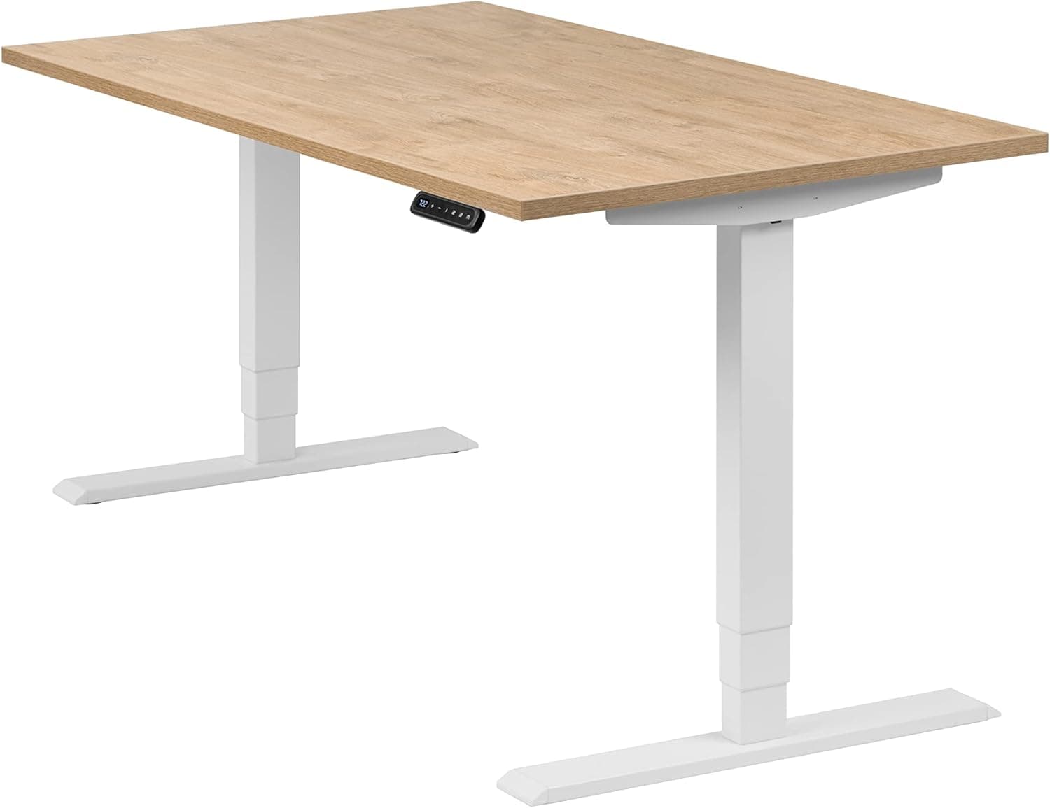 Bureau assis-debout électrique – Premium 160×80 cm, 2 moteurs, 4 mémoires & anti-collision - 140 x 80 x 2,5 cm - Homedesk PRO - Blanc + Chêne Sauvage