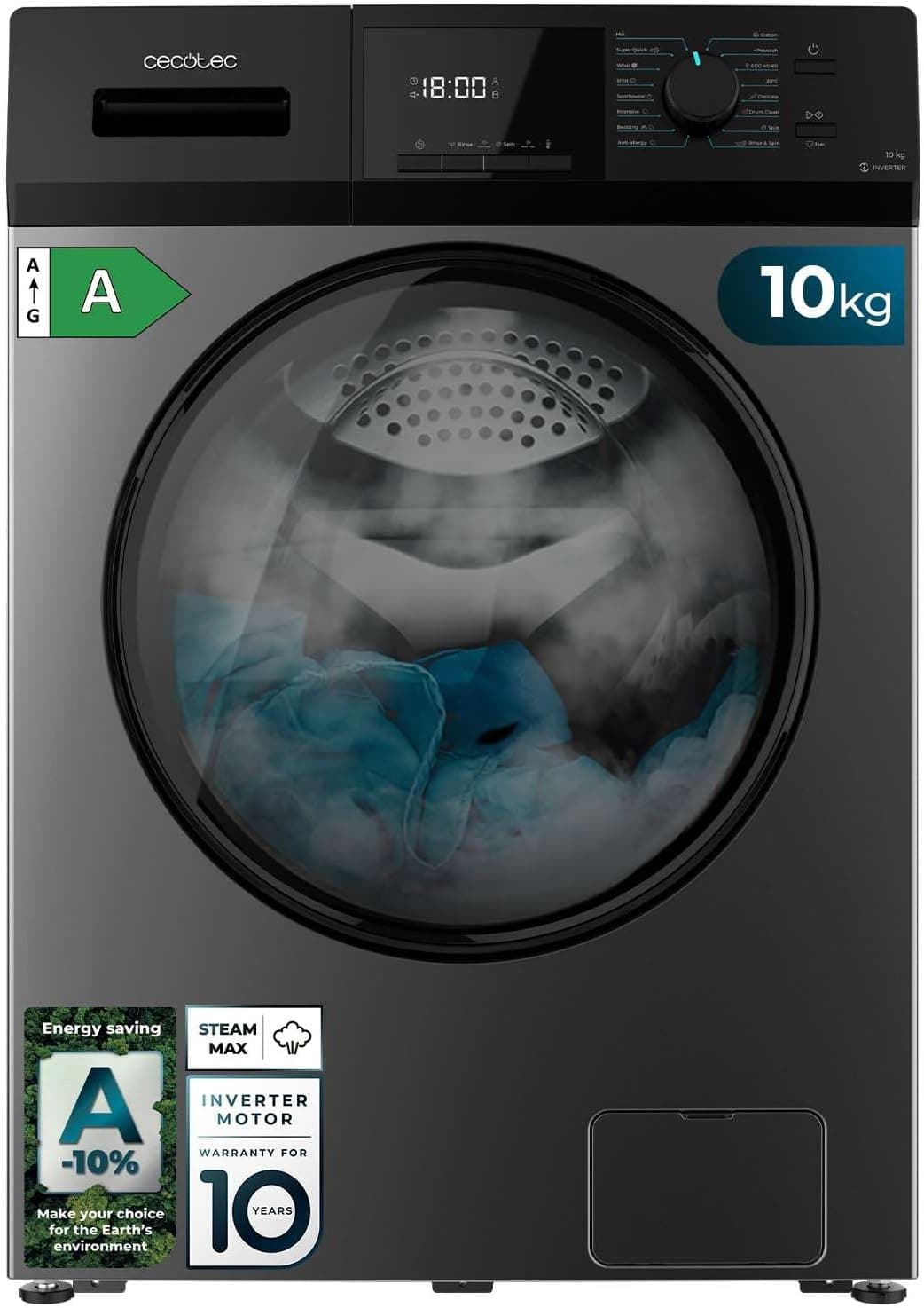 Lave-linge 9 kg 1400 tr/min,16 programmes, vapeur, moteur Inverter - 10 Kg - Acier / Série 410