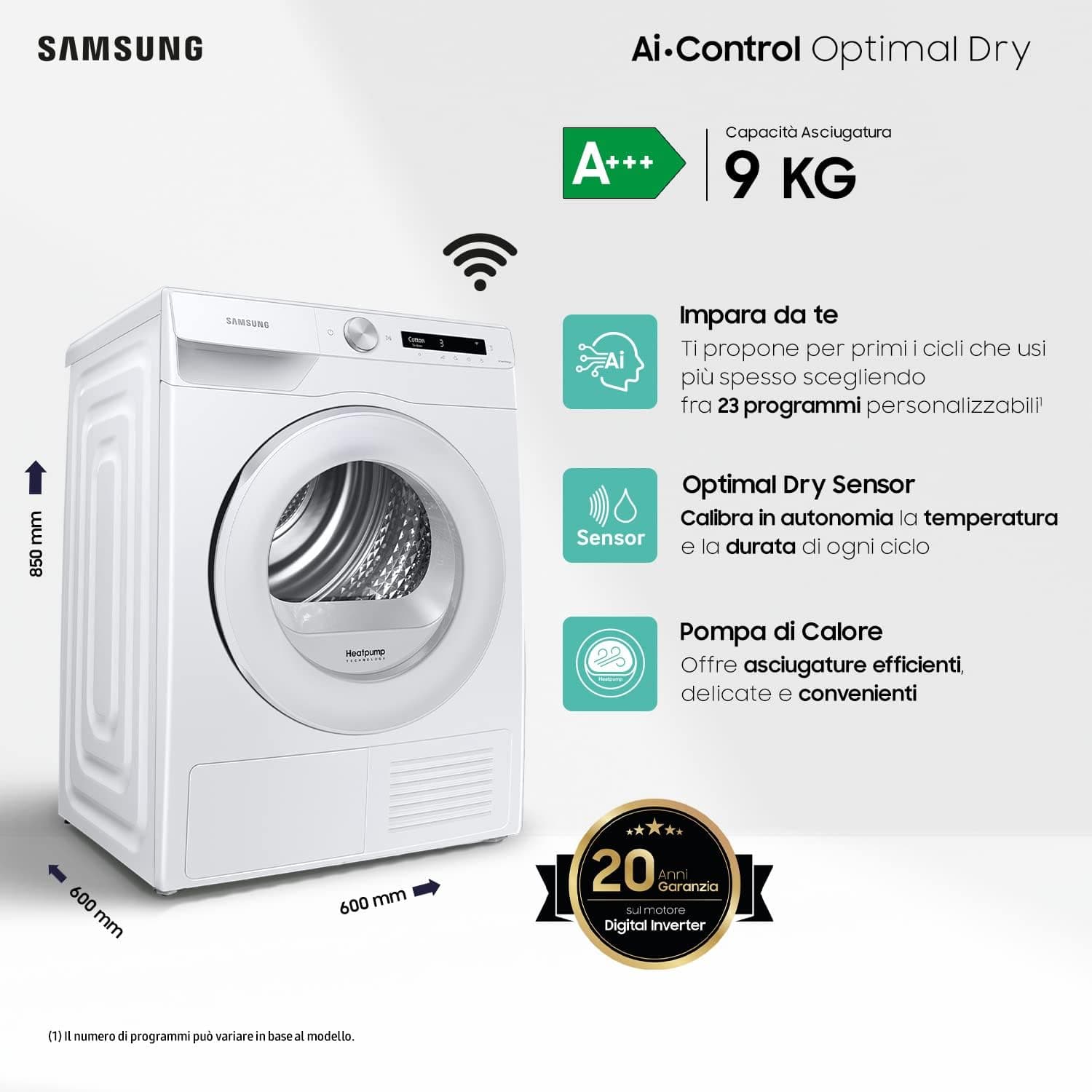 Sèche-linge 9 kg pompe à chaleur DV90T5240TW/S3 – Pompe à Chaleur A+++, AI Control, Optimal Dry, Porte Réversible, Blanc