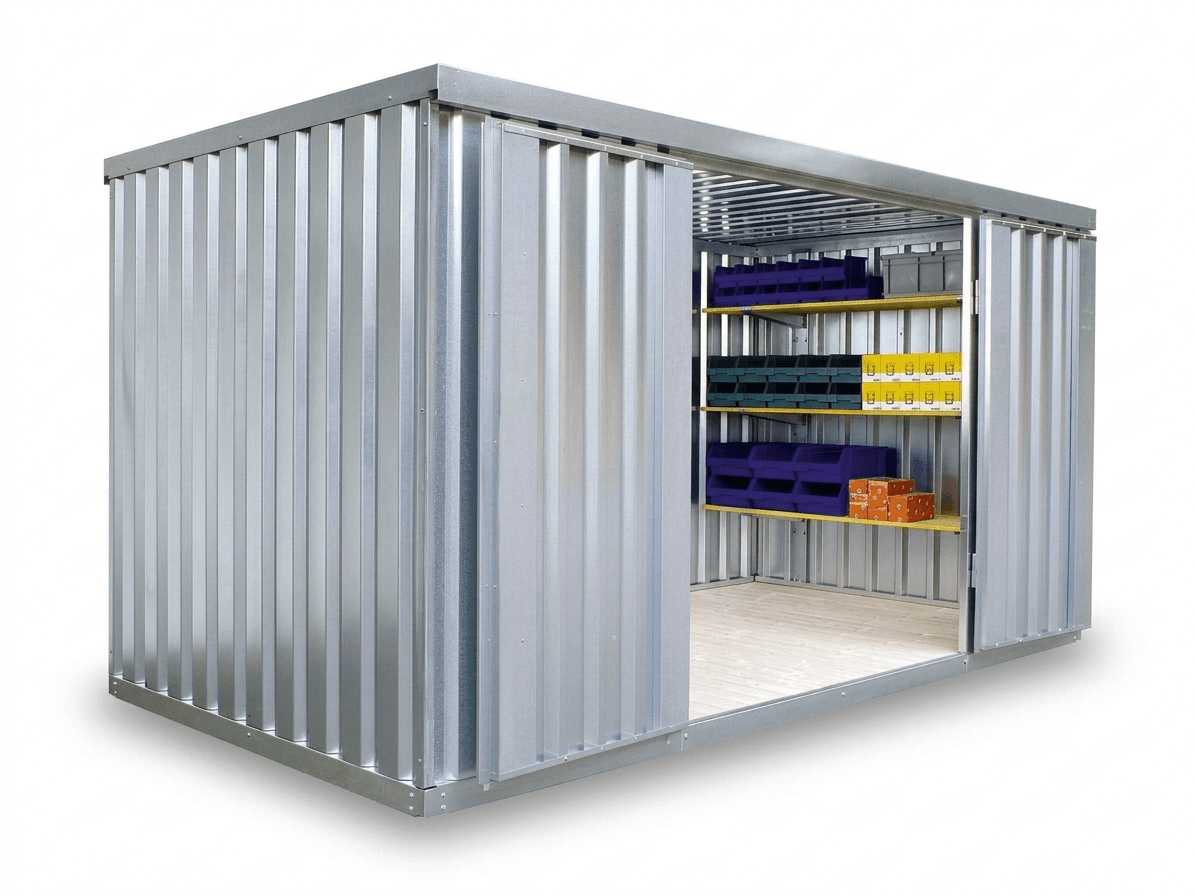 Contenedor de materiales MC 1400, galvanizado, desmontado, con suelo de madera, 4050 × 2170 × 2150 mm, puerta de una hoja en el lateral de 4 m