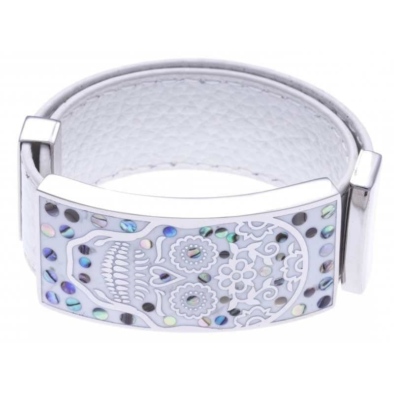 Bracelet femme, Cuir blanc 2cm, TĂŞte de Mort - Odena - Bijoux Odena