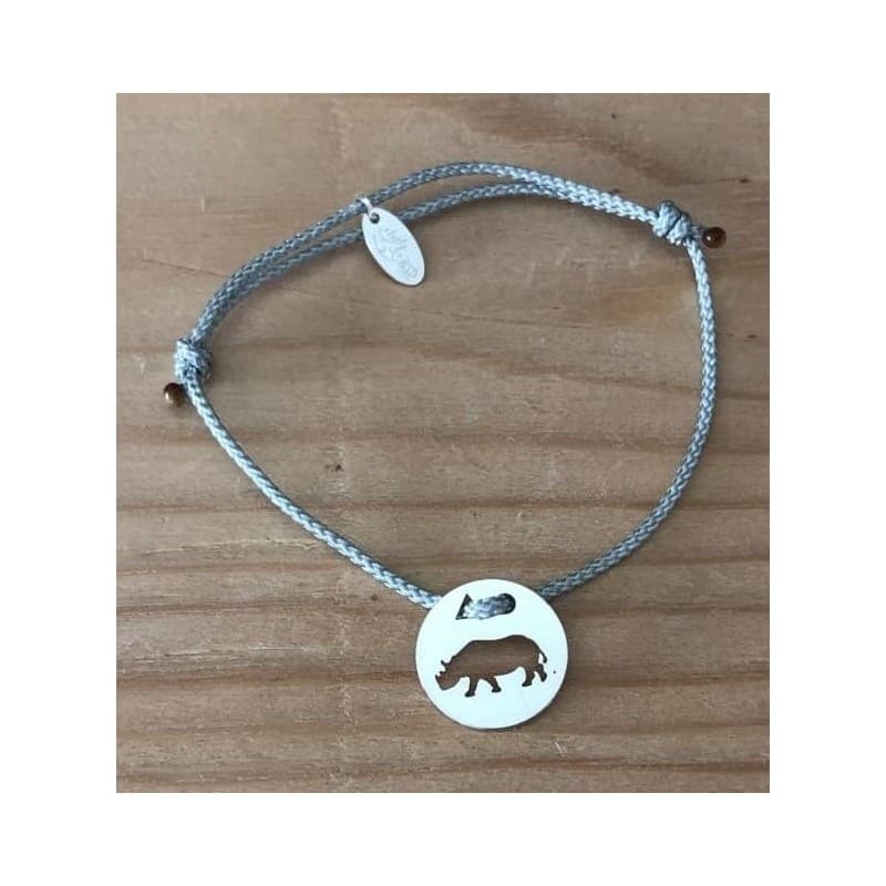 Bracelet Hippopotame en argent 925 & cordon couleur au choix - Créateur CabaneTchanque - CabanetChanque