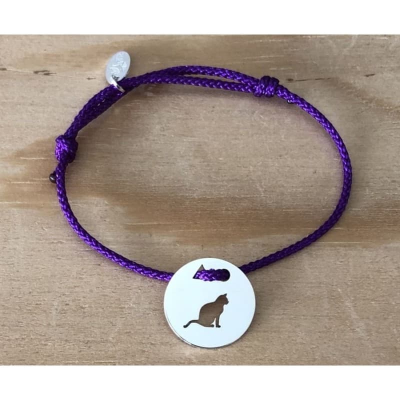 Bracelet Chat Assis en argent 925 & cordon couleur au choix - Créateur CabaneTchanque - CabanetChanque