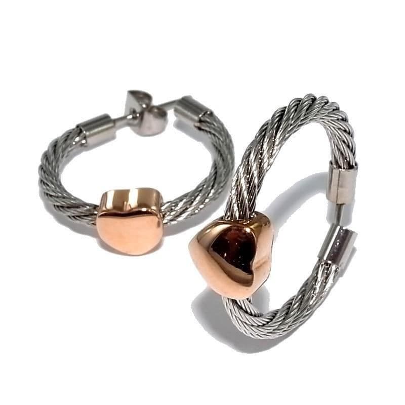Créoles femme en acier bicolore, câble gris, coeur doré - Santa - Les Perles de Vénus